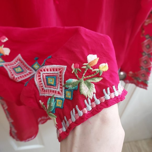 Johnny Was Red Floral Embroidered Tie Yoke Neck Georgette Tunic Top Blouse - Picture 4 of 7